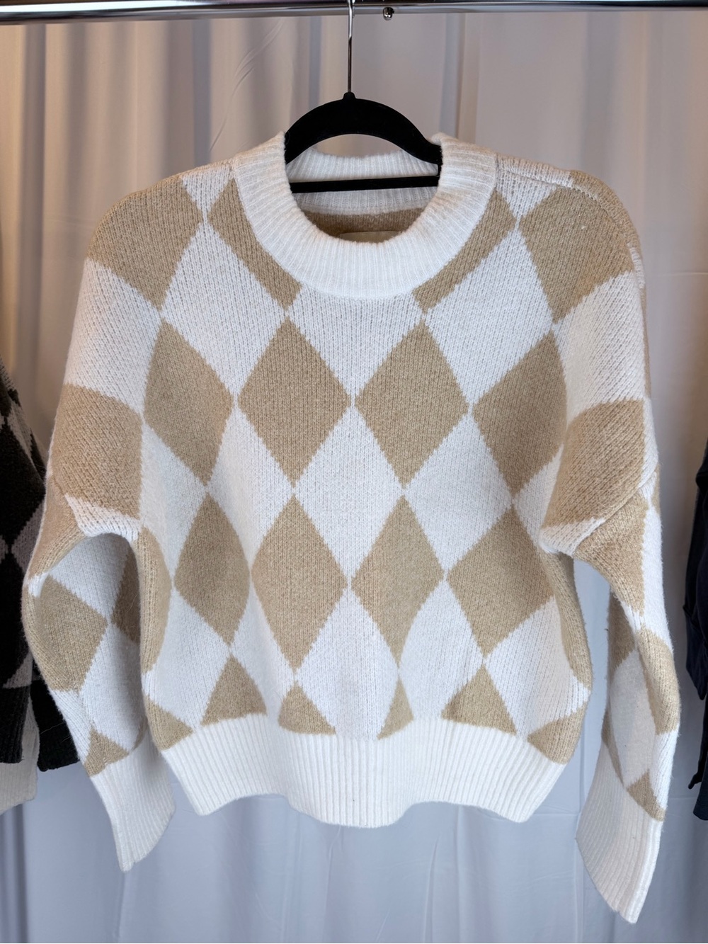 Abercrombie & Fitch Cream and Beige Argyle Crew Sweater